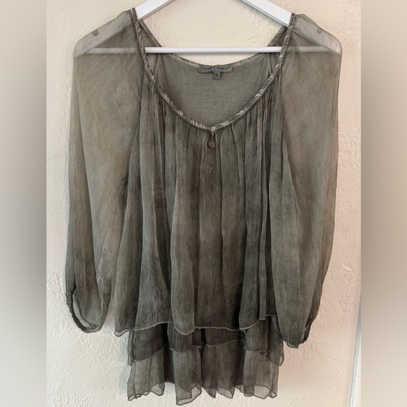 Tempo Paris Tops - Tempo Paris Boho Peasant Silk Blouse Tiered Sheer Lightweight Flowy Gypsy